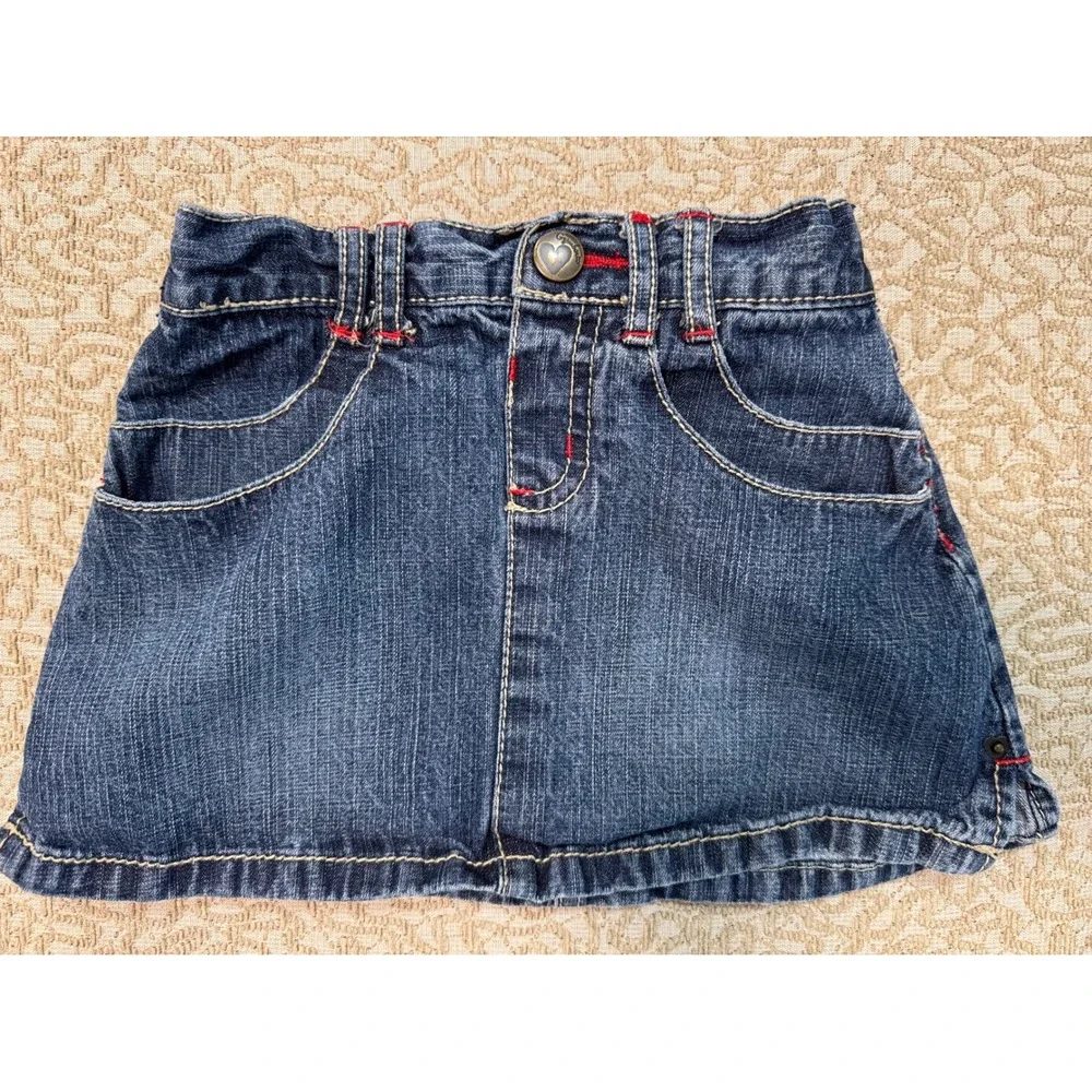 Gymboree Year 2010 Denim Skirt Dark Wash Heart Pockets Red Stitching Size 3T
